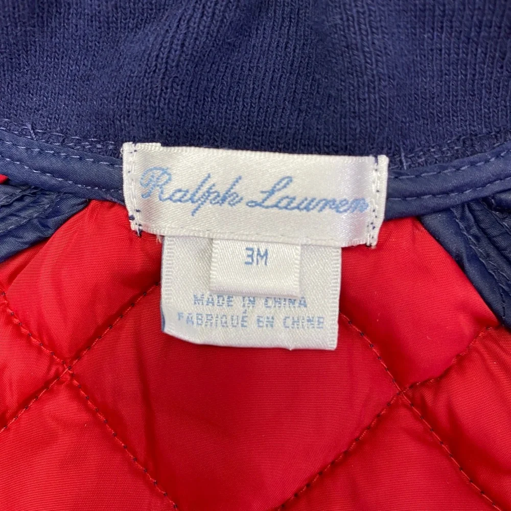 Ralph Lauren Quilted Bomber Jacket Baby Boy 3M Navy Blue Red Pony Zip Up Coat